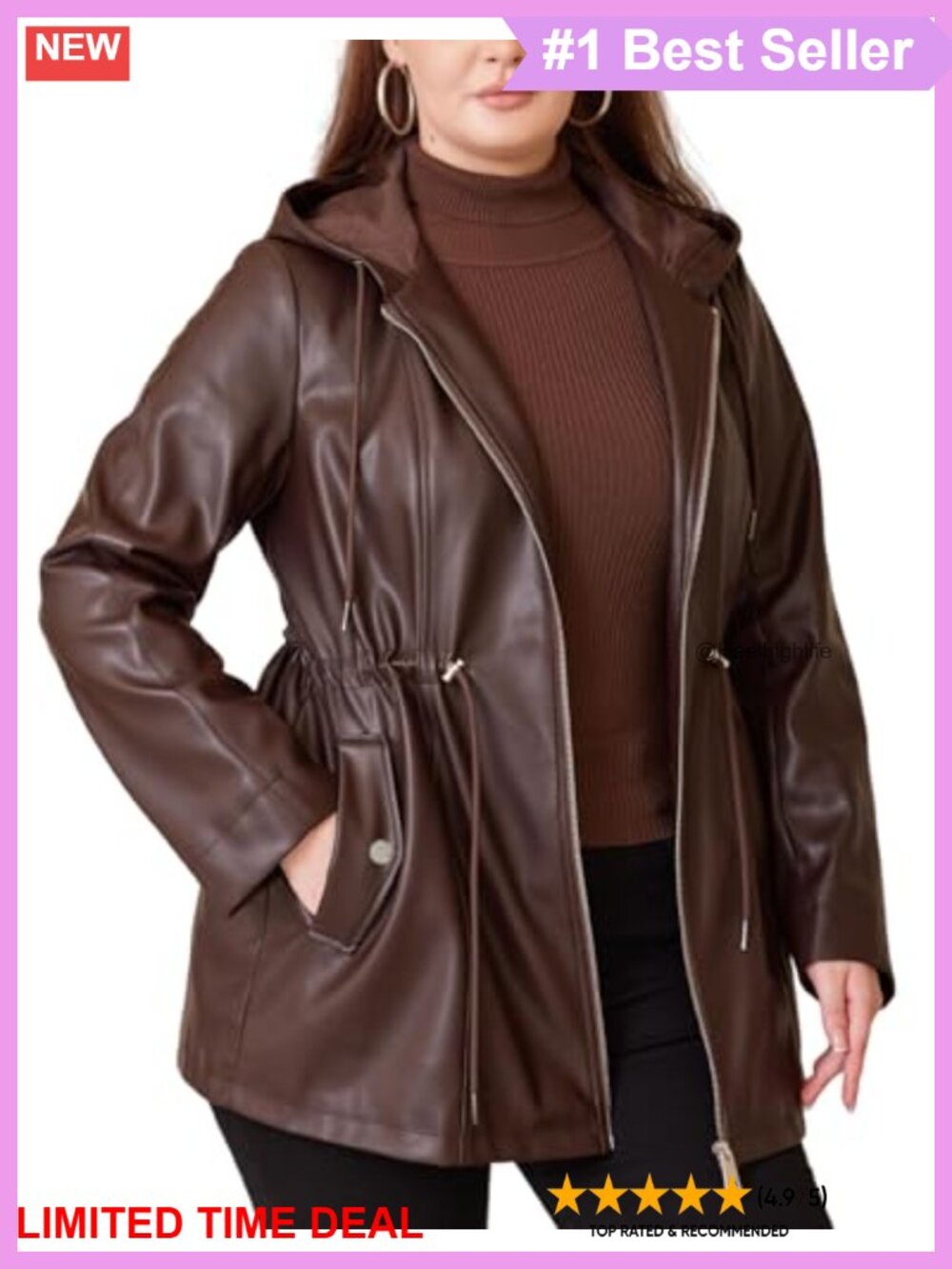 Faux Leather Jacket Women Plus Size Hooded Moto Biker Coat